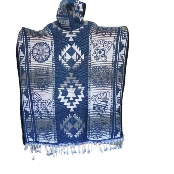Authentic Mexican Gaban | Jorongo | Pancho | Aztec Design | Blue Color - Picture 2 of 2